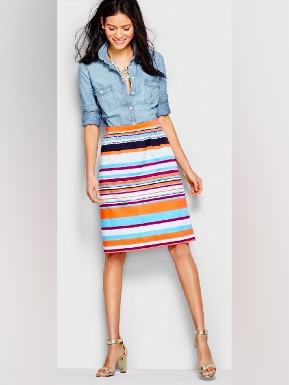 J.Crew Striped Multicolor Knee-Length Cotton Skirt 4 Back Zipper Pockets Preppy